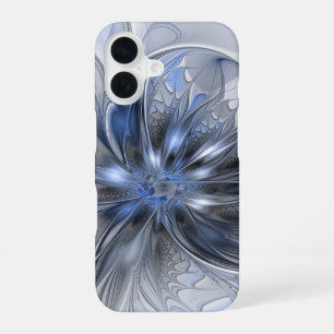 Funda Para iPhone 16 Arte fractal floral abstracto de acuarela gris azu