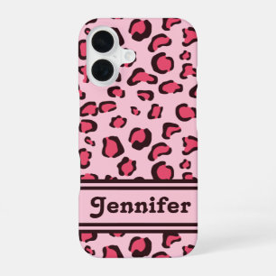 Funda Para iPhone 16 Aspecto de estampado de leopardo rosa con nombre p