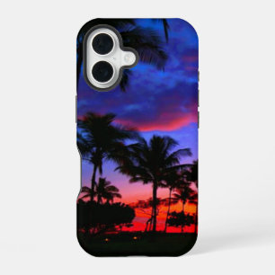 Funda Para iPhone 16 Atardecer Azul Rojo Palmeras Exóticas de la Playa 