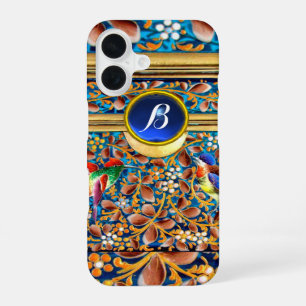 FUNDA PARA iPhone 16 AVES COLORIDAS ,TORBELLINOS FLORALES MONOGRAMA DE