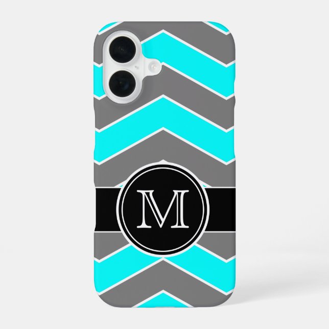 Funda Para iPhone 16 Azul cian, gris, negro chevron, monogramado (Reverso )