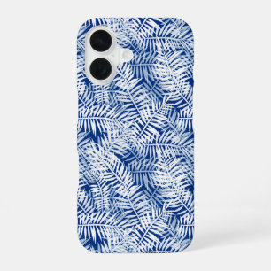 Funda Para iPhone 16 Azul con patrón tropical blanco