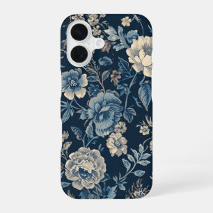 Funda Para iPhone 16 Azul Marino Patrón Botánico Floral Vintage