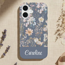 Funda Para iPhone 16 Azul Pizarra Floral Personalizado 