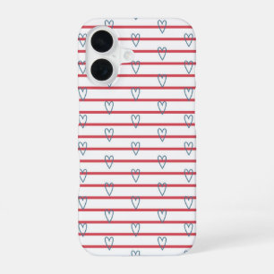Funda Para iPhone 16 Azul Rojo Costero Náutico Corazones Rayas Lindo Ch