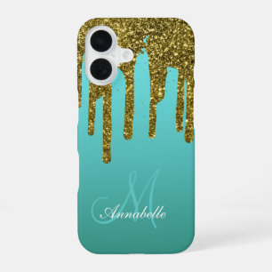 Funda Para iPhone 16 Azul Teal Verde - Personalizado con Brillo Dorado