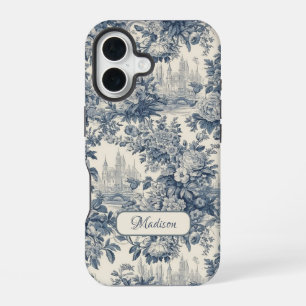 Funda Para iPhone 16 Azul Vintage Toile Floral Monograma Francés