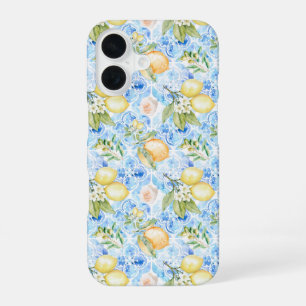 Funda Para iPhone 16 Azulejo Azul Italiano Limón Amarillo Acuarela