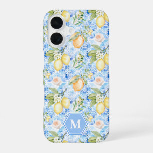 Funda Para iPhone 16 Azulejo Azul Mediterráneo Limoncello Monograma Nom