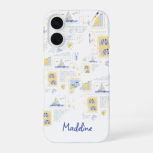 Funda Para iPhone 16 Azulejo Mediterráneo Limón Monograma Nombre Coster