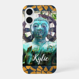 Funda Para iPhone 16 Azulejo Mosaico Azul Turquesa Buda Oro Nombre Pers