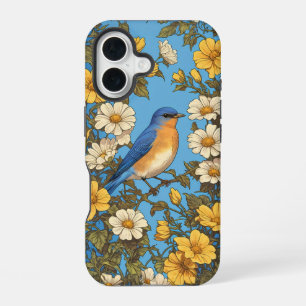 Funda Para iPhone 16 Azulillo Oriental Alegre Flores Amarillas y Blanca