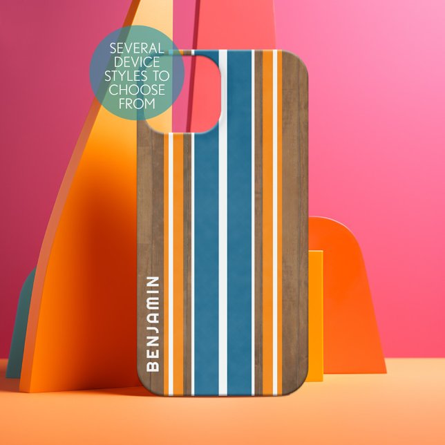 Funda Para iPhone 16 Bandas de Surfboard Vintage - Nombre personalizado (Surfboard stripes on a phone case - add your name to personalize)
