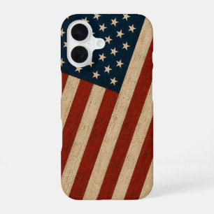 Funda Para iPhone 16 Bandera Americana Vintage Rústica Textura de Mader