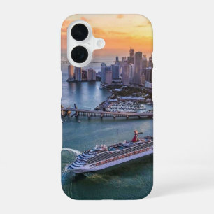 Funda Para iPhone 16 Barco de crucero del atardecer de Miami y paisaje 