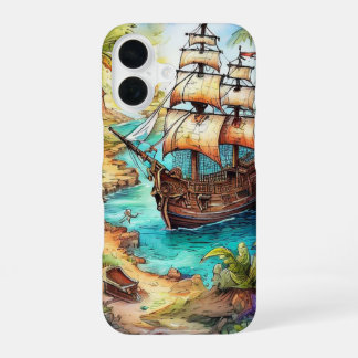 Funda Para iPhone 16 Barco pirata llega a una isla tropical