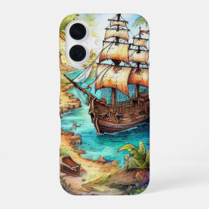 Funda Para iPhone 16 Barco Pirata Llegando a una Isla Tropical