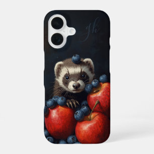 Funda Para iPhone 16 Bebé de Ferret Cute Animal Peeking Fruit Initials