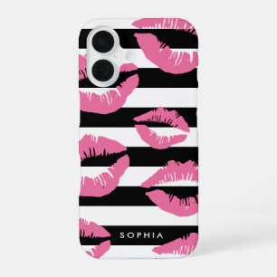 Funda Para iPhone 16 Besos con Huella de Labios Rosa Claro en Raya Blan