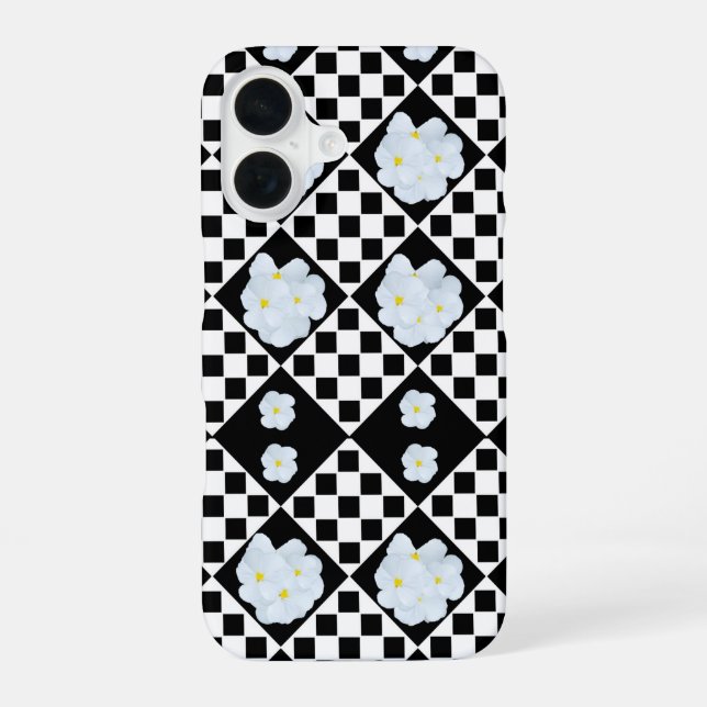 Funda Para iPhone 16 Black and White Checked Pansy Pattern (Reverso )