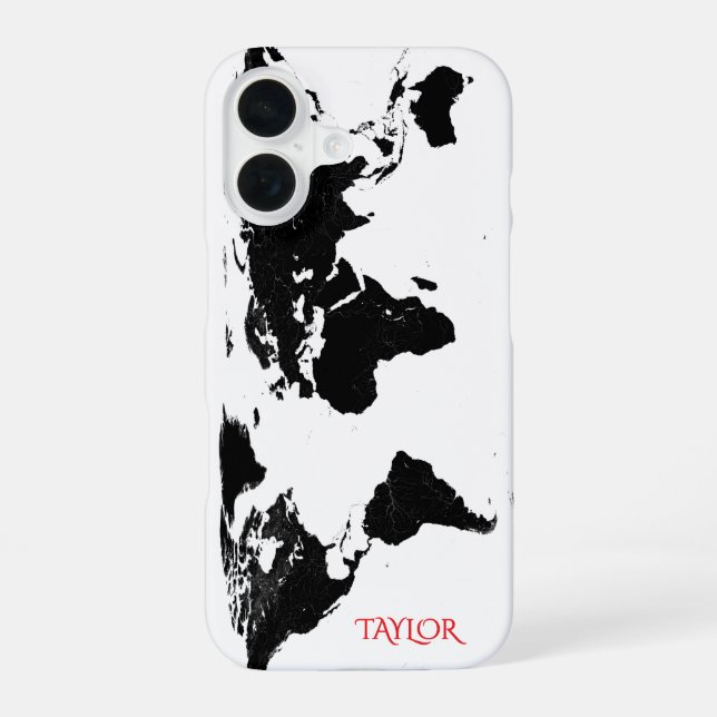 Funda Para iPhone 16 Black & White World Map – Personalized (Reverso )