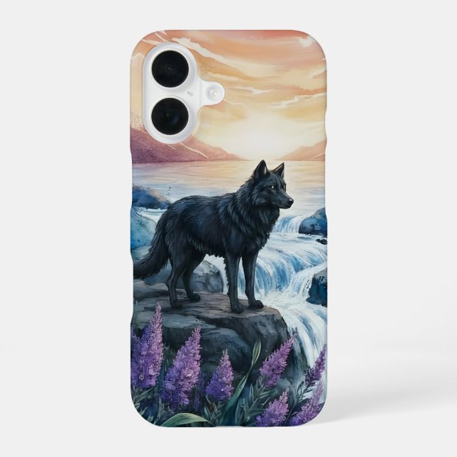 Funda Para iPhone 16 black wolf by water fall at sunrise  (Reverso )