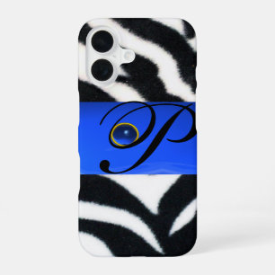 FUNDA PARA iPhone 16 BLANCO NEGRO ZEBRA FUR SAPPHIRE AZUL GEM MONOGRAM,