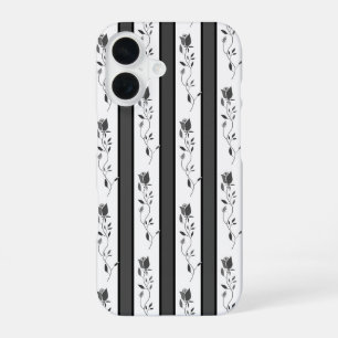 Funda Para iPhone 16 Blanco y negro gris vintage rayado con rosas