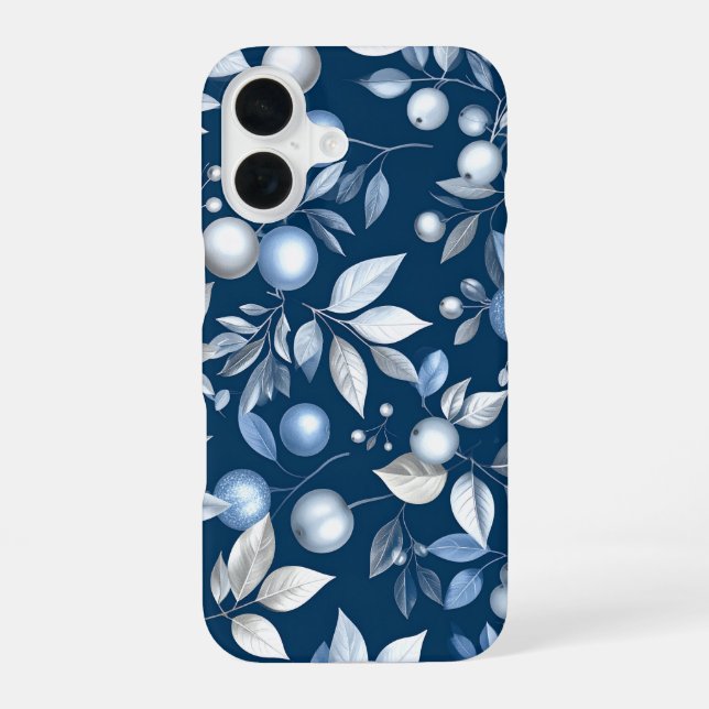 Funda Para iPhone 16 Blue Leaf Berry Pattern (Reverso )