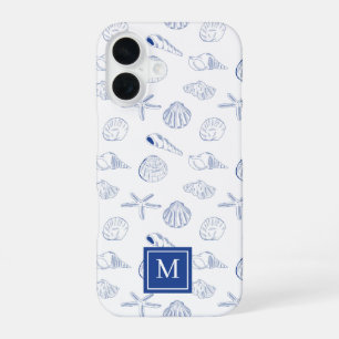 Funda Para iPhone 16 Blue White Hand Drawing Sea Shells Beach Summer
