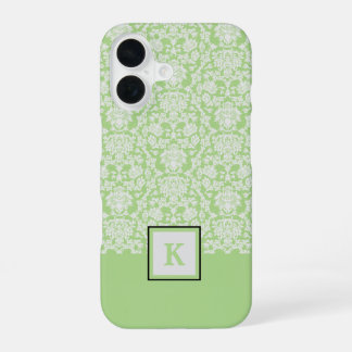 Funda Para iPhone 16 Bolso de mano con monograma de patrón damasco verd