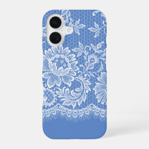 Funda Para iPhone 16 Borde de encaje blanco sobre azul
