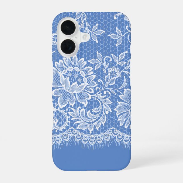 Funda Para iPhone 16 Borde de encaje blanco sobre azul (Reverso )