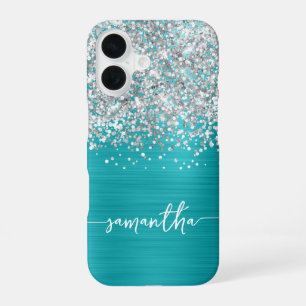 Funda Para iPhone 16 Brillante Glitter Plateado Turquesa Azul Nombre Gl