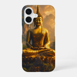 Funda Para iPhone 16 Buda sentado dorado bajo un cielo de puesta de sol