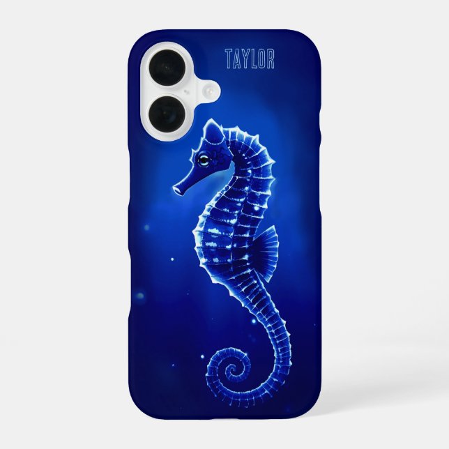 Funda Para iPhone 16 Caballito de mar azul neón personalizado        (Reverso )