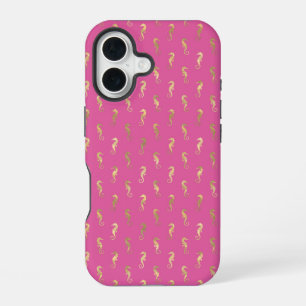 Funda Para iPhone 16 Caballito de mar de repetición rosa y dorado