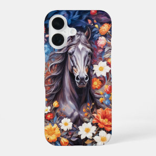 Funda Para iPhone 16 Caballo semental negro en fondo de flores cubierta