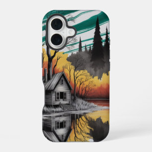 Funda Para iPhone 16 Cabaña al Atardecer Reflejada – Paisaje Natural Me