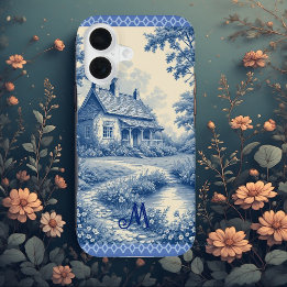 Funda Para iPhone 16 Cabaña rústica monograma Toile francés azul románt