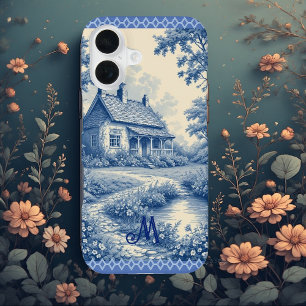 Funda Para iPhone 16 Cabaña rústica monograma Toile francés azul románt