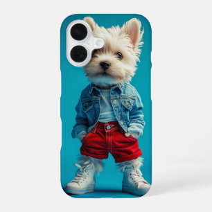 Funda Para iPhone 16 Cachorro Westie Elegante en Mezclilla y Zapatillas