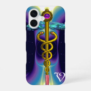 Funda Para iPhone 16 CADUCEO MÉDICO DE ORO SÍMBOLO ,Monograma Azul Púrp