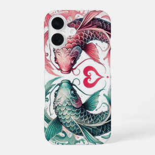 Funda Para iPhone 16 Caja de tatuaje de corazón de amor koi rosa y azul
