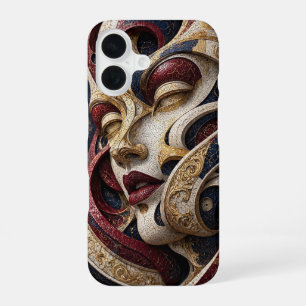 Funda Para iPhone 16 Cara de mosaico de oro marfil azul burdeos