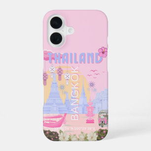 Funda Para iPhone 16 Cartel de viaje de Bangkok Tailandia rosa pastel a