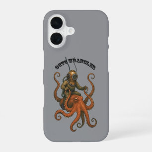 Funda Para iPhone 16 Casco de buzo vintage montando un pulpo gigante UR