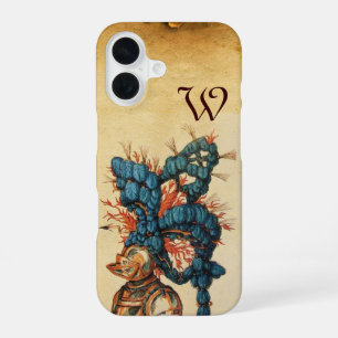 FUNDA PARA iPhone 16 CASCO DE CABALLERO ANTIGUO CON PLUMAS ROJAS Y AZUL