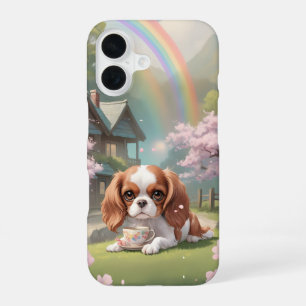 Funda Para iPhone 16 Cavalier King Charles Flores de Cerezo con Arcoíri