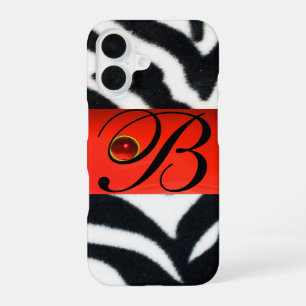 FUNDA PARA iPhone 16 CEBRA DE PELAJE NEGRO BLANCO MONOGRAMA DE GEMA ROJ